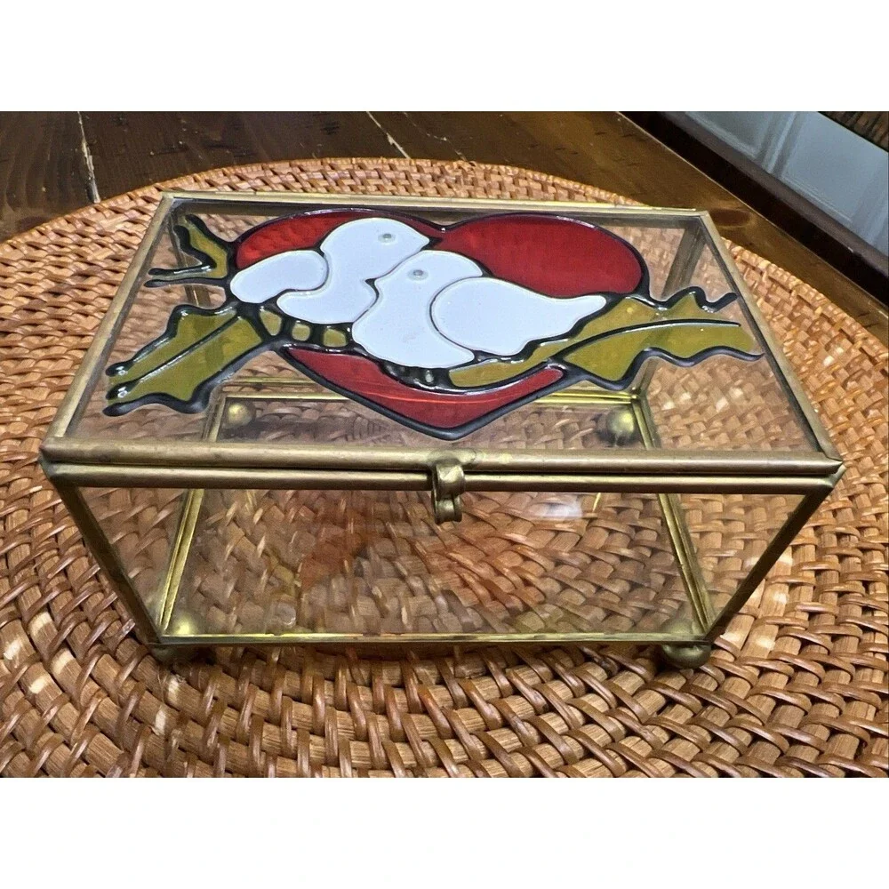 Vintage Glass Trinket Box Brass Love Bird Jewelry Box